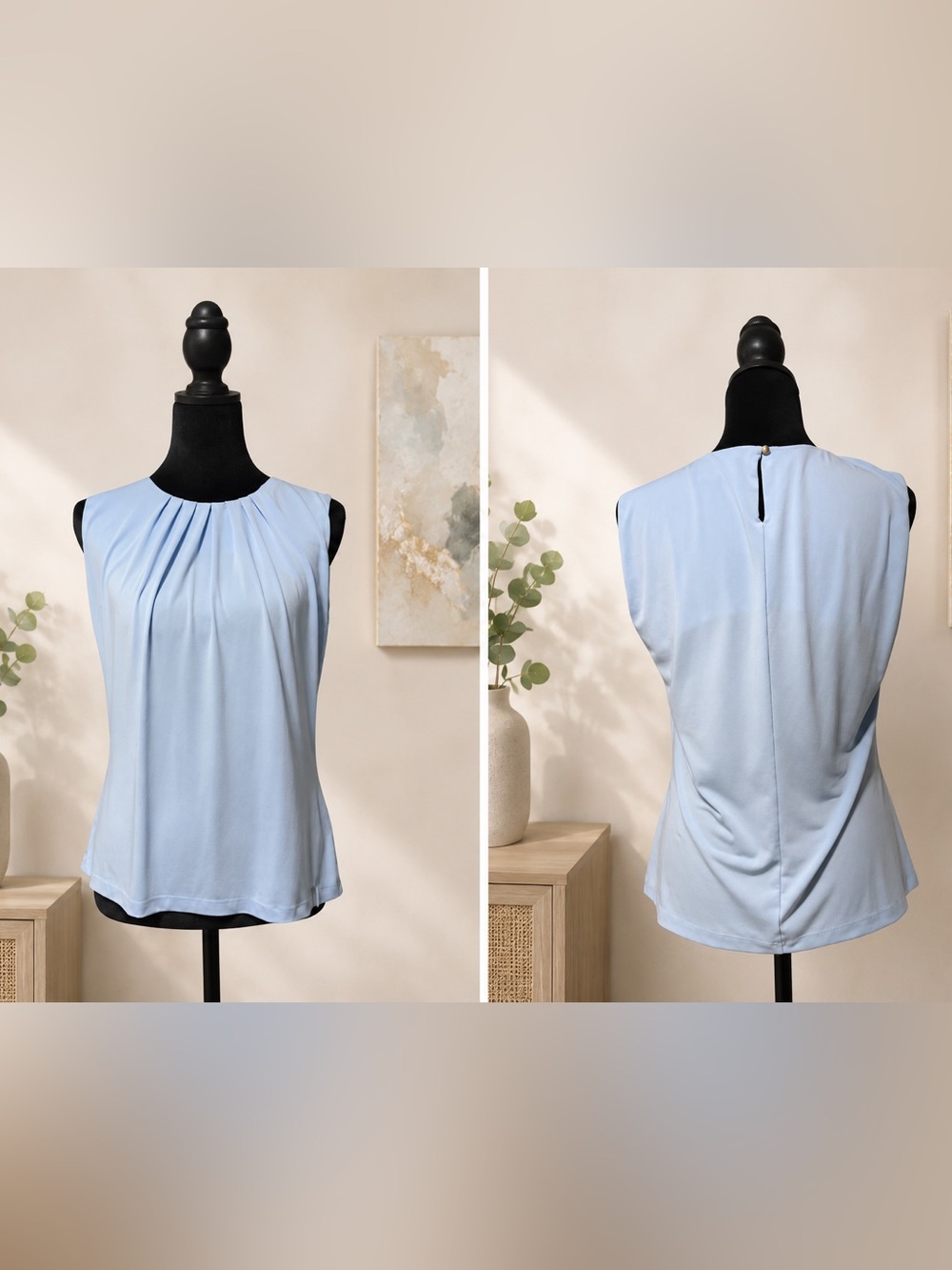 Calvin Klein Light Blue Sleeveless Pleated Neck Blouse Top Size Medium